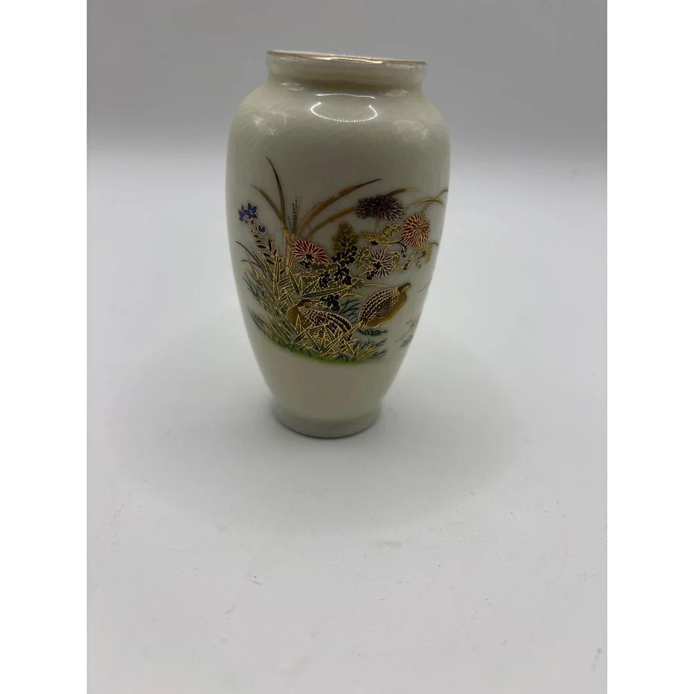 VTG Otagiri Japan Quail Bud Vase Crackle Glaze Gold Trim Floral Ceramic 3.75in